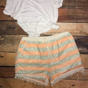 Soieblu Blue and Coral Medium Sequin Shorts